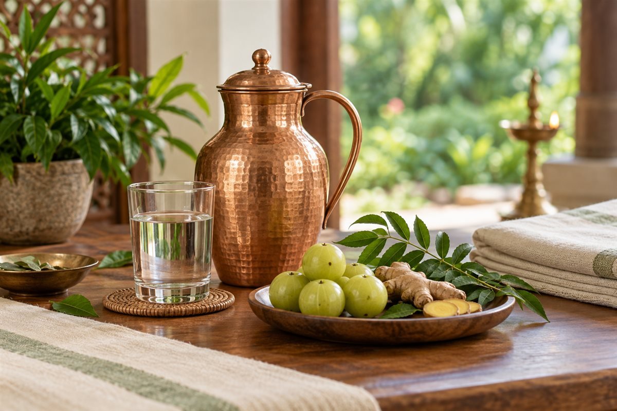 Copper water jug, amla and ginger arranged on a wooden tray