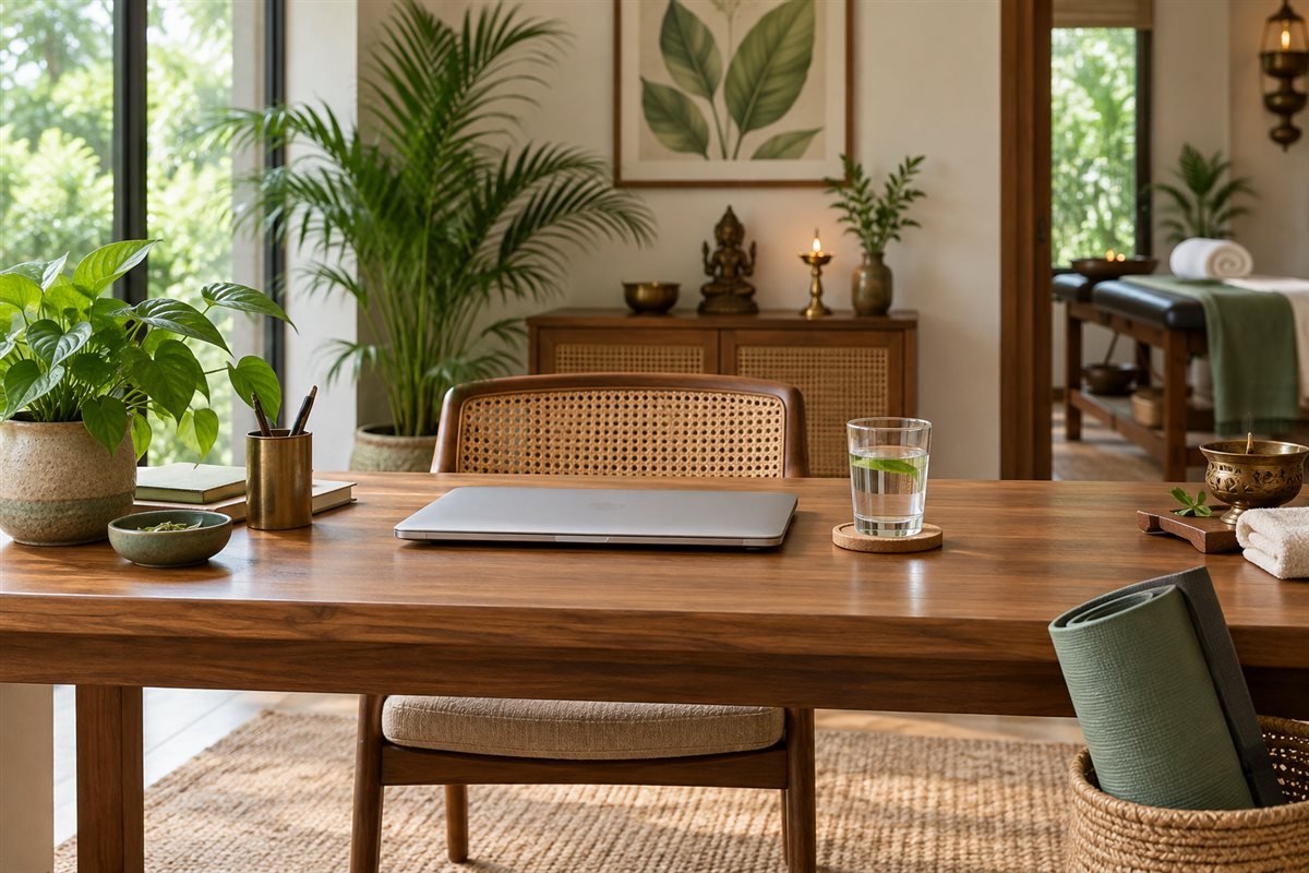 Office desk with a plant, water glass and yoga mat