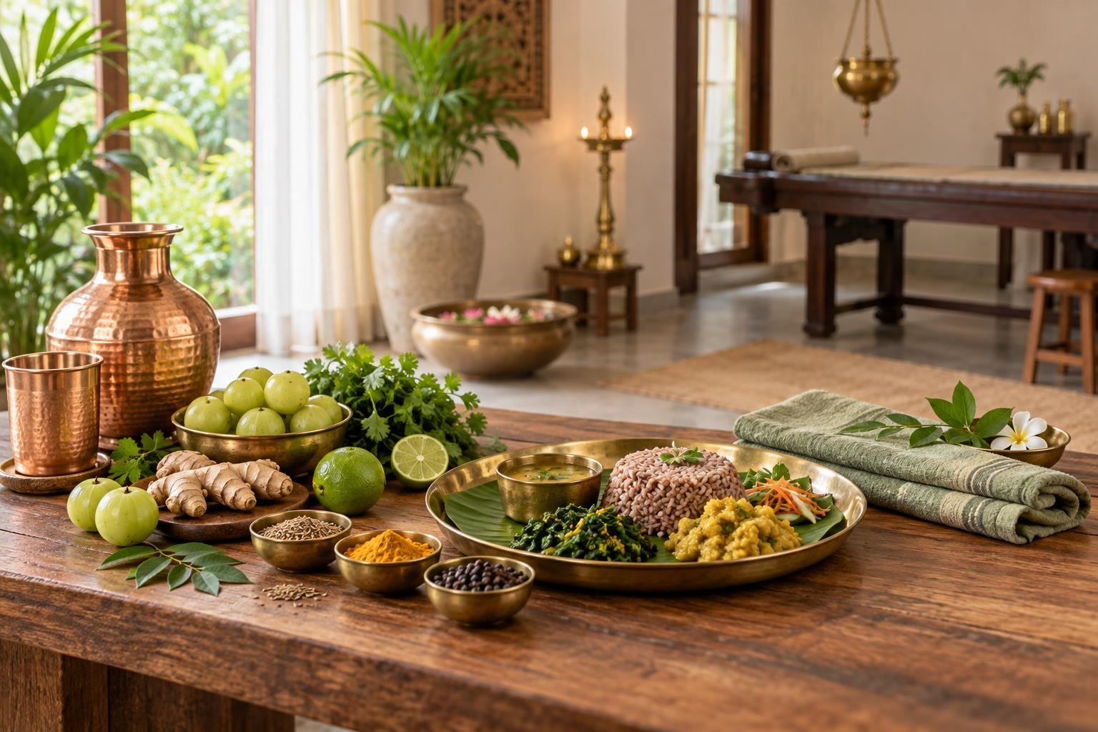 Balanced Ayurvedic meal, herbs and copper vessels for the detox and metabolic reset package