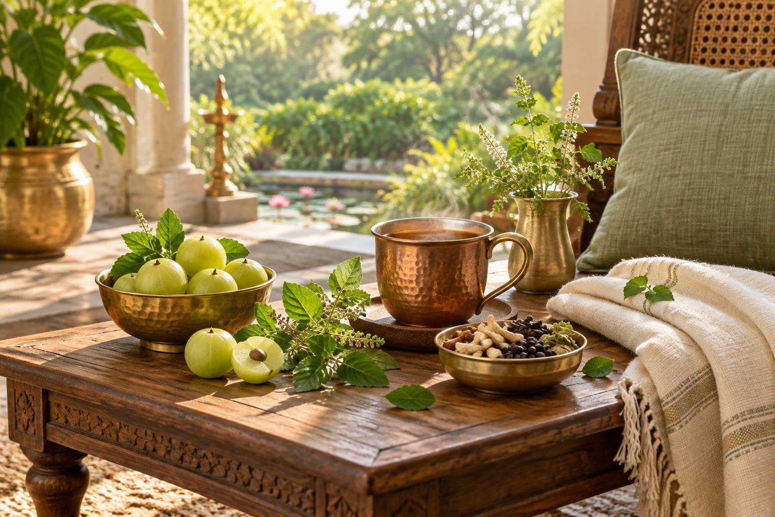 Amla, herbal tea and tulsi in a calm restorative Ayurvedic setting