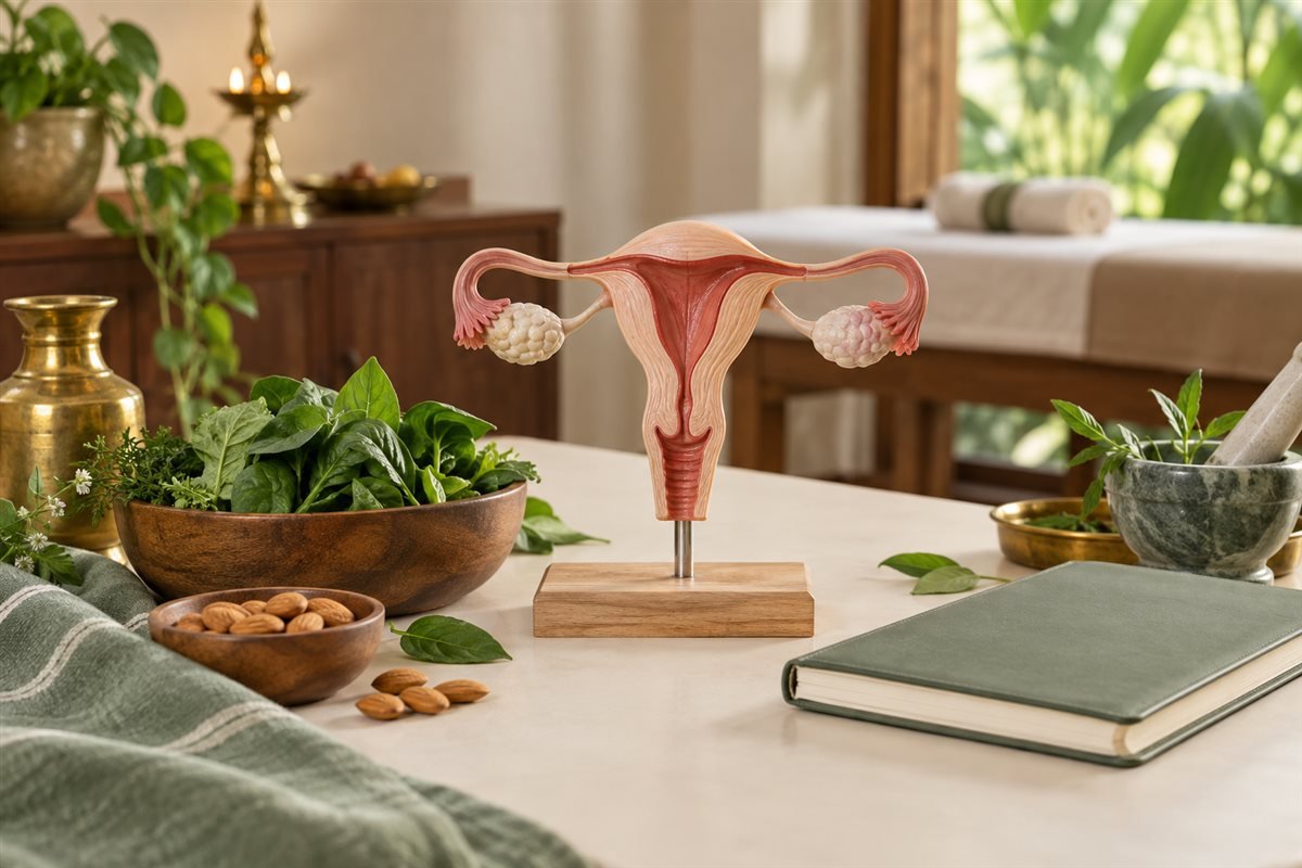 Women's health teaching model beside nourishing foods and a journal
