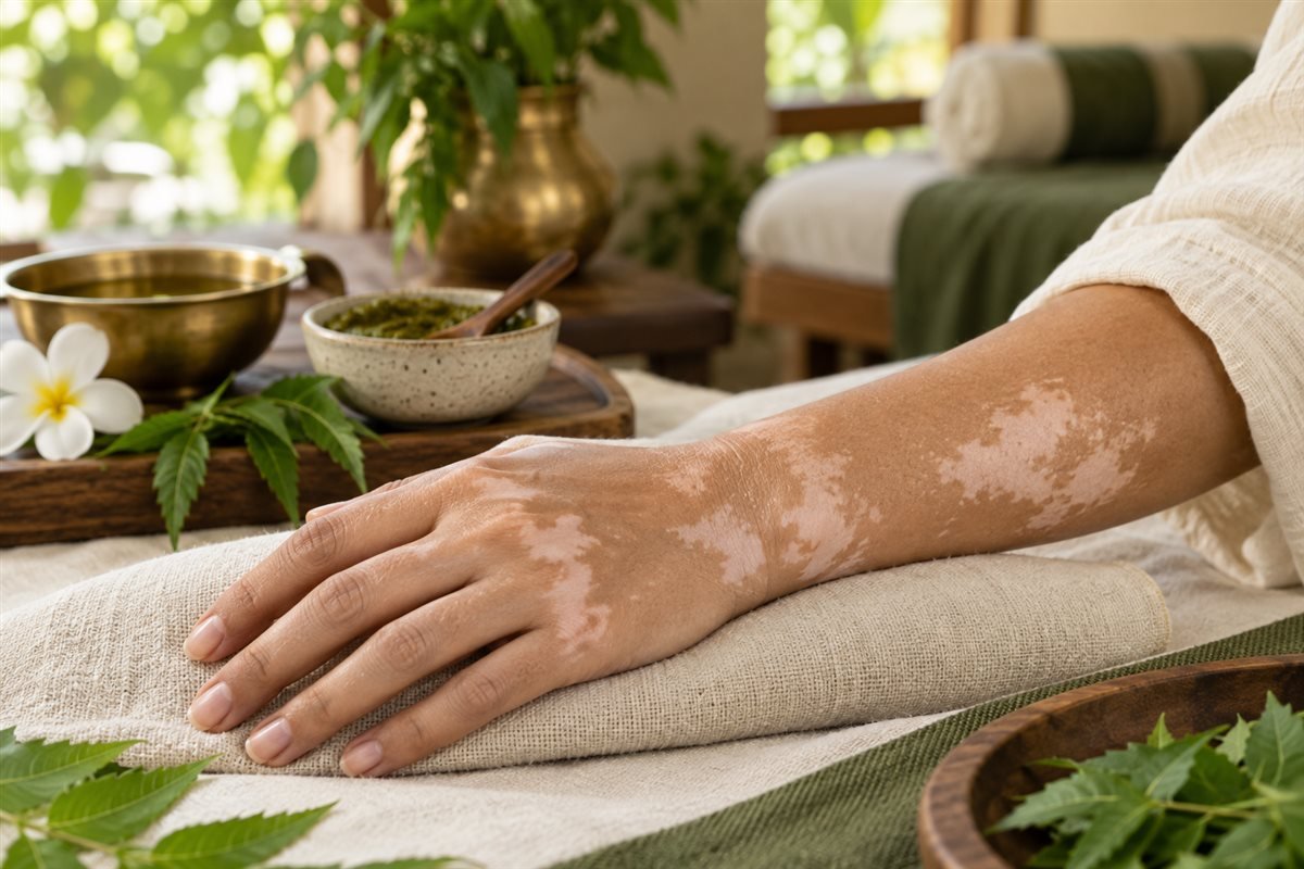 Hand with vitiligo resting on soft linen